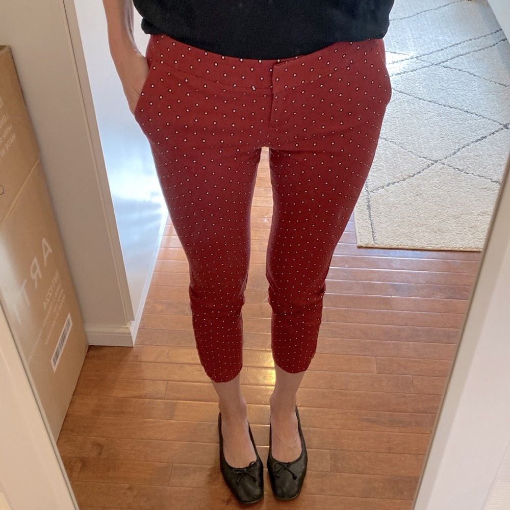 Express cropped pants, low waste, size 2R. Dark red with polka dot pattern.